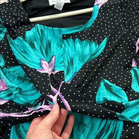 Joseph Ribkoff Black Dress Teal Floral Design Polka Dot Stretch Jersey Size 10 - Picture 12 of 12
